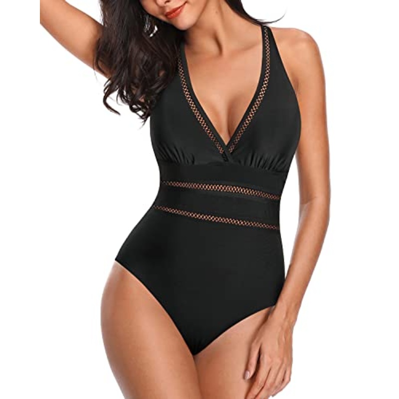 Sexy Mesh Hollow Out Plunge Halter Swimsuit For Women-Black