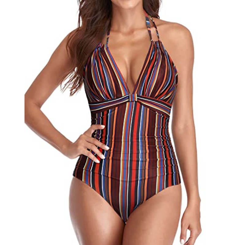 Sexy Plunge Deep V Neck Tummy Control Swimsuits-Brown Striped