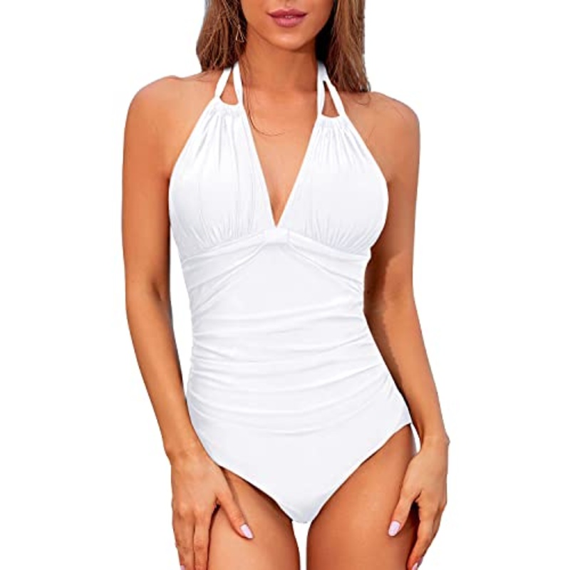 Sexy Ruched Slimming Bathing Suits Backless Swimwear-White
