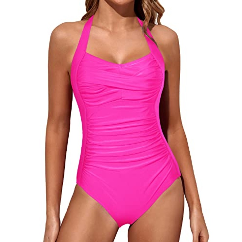 Slimming Bathing Suits Halter Vintage Swimwear-Neon Pink
