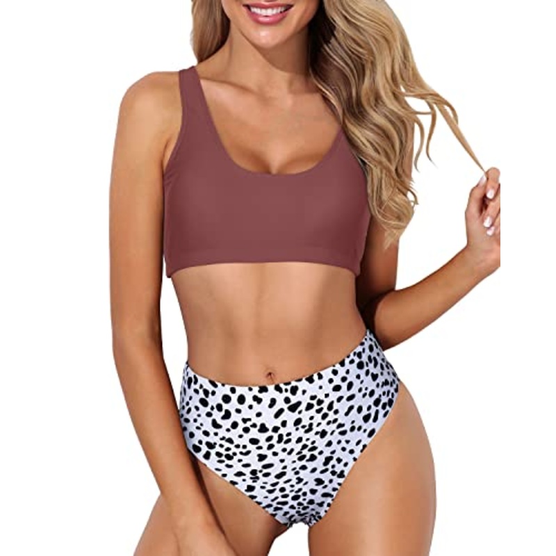 Sporty High Waisted Bikini Bottoms Crop Top High Cut Swimsuit-Red And Dalmatian