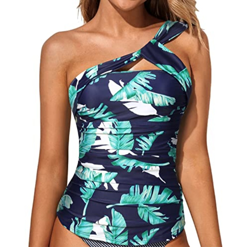 Stylish One Shoulder Bathing Suit Top Padded Bra Tankini Top-Blue Leaf