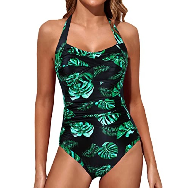 Sweetheart Neckline Slimming One Piece Swimwear-Black And Green Leaf