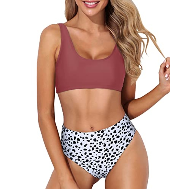 Tropical Scoop Neck Bikini Crop Top High Waist Bottoms-Red And Dalmatian
