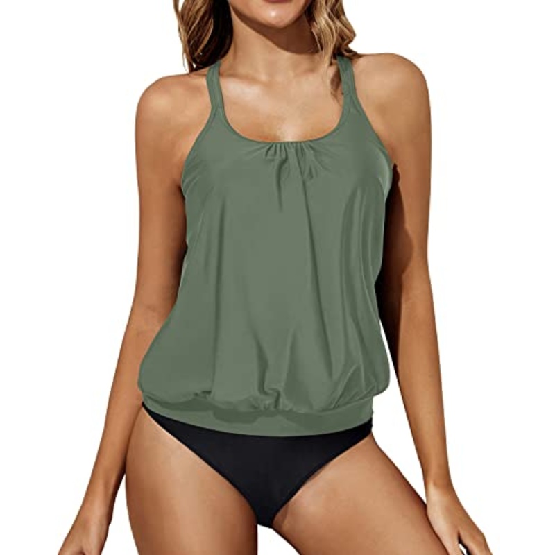 Tummy Control Blouson Tankini Mid Waist Bottoms-Olive Green