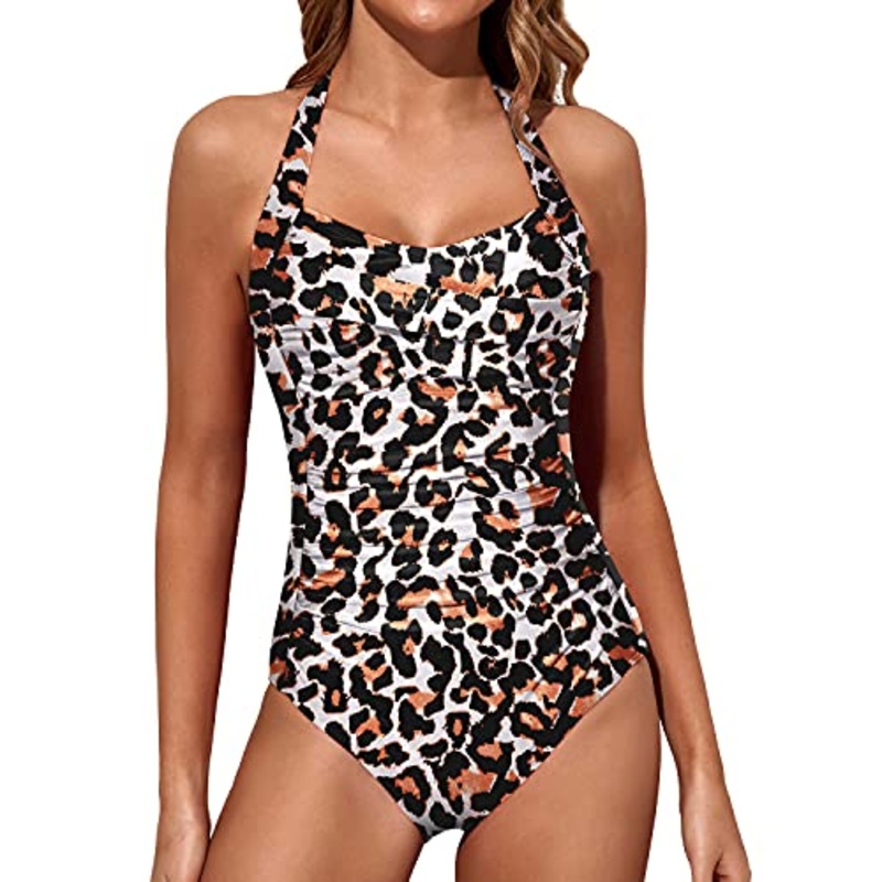 Tummy Control Swimsuits Halter Vintage Swimwear-Leopard