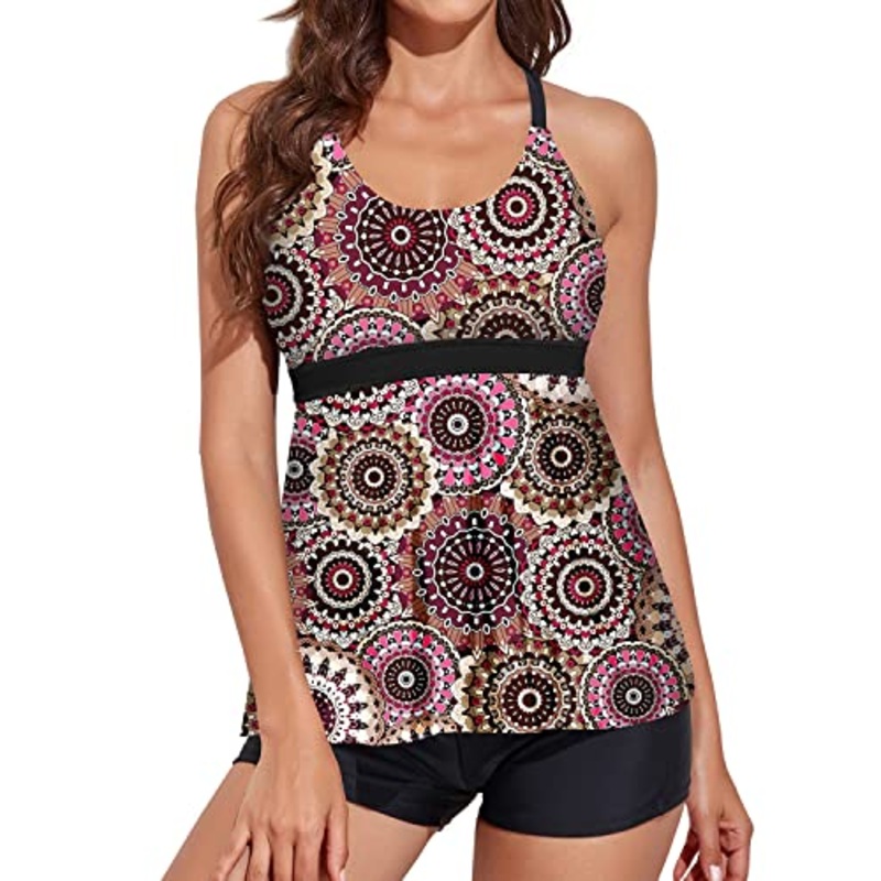 Tummy Control Tankini Swimsuits Flowy Shorts For Women-Brown Print
