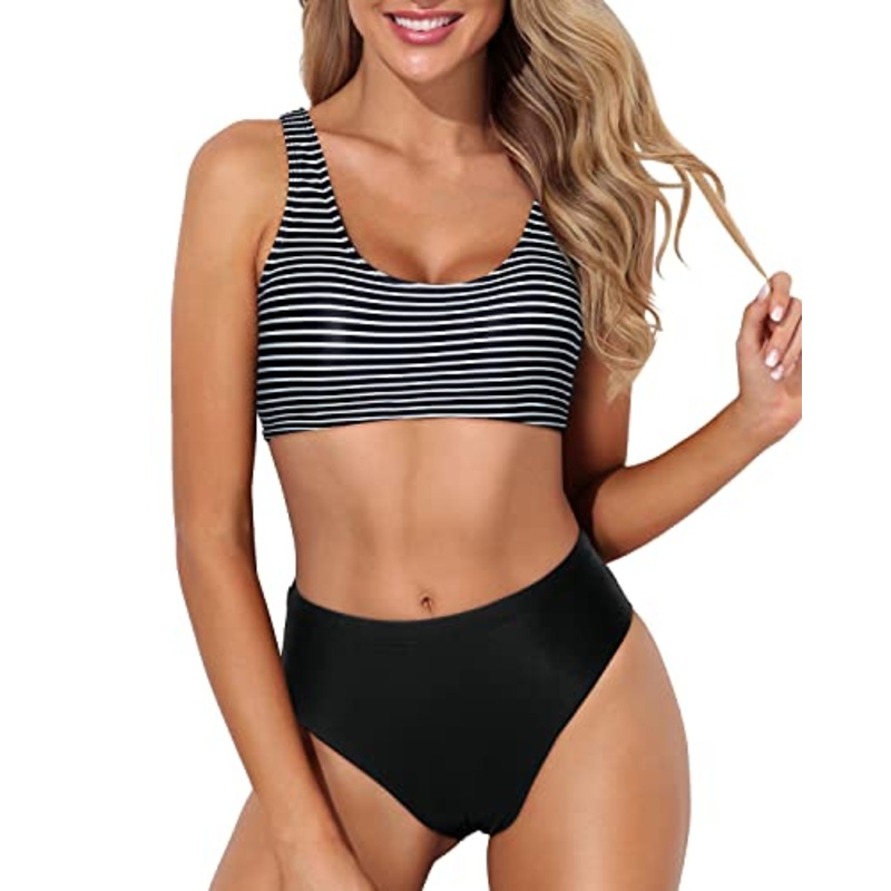 Two Piece Scoop Neck Bikini Crop Top High Cut Swimsuit-Black And White Stripe