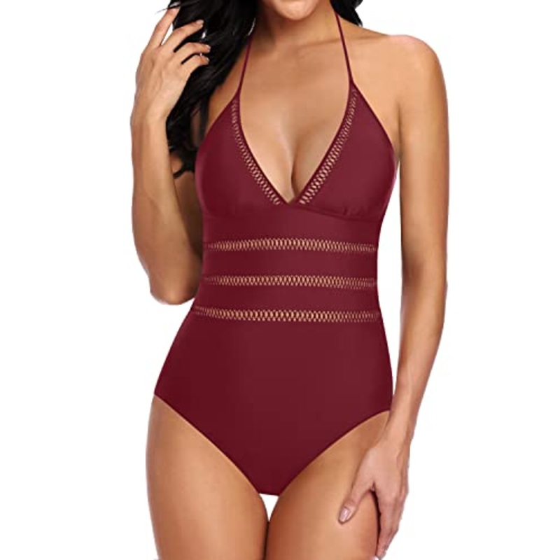 V Neck Open Back Monokini Halter One Piece Swimsuits-Maroon