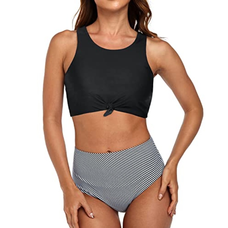 Vintage High Waisted Bikini Set Crop Top For Women-Black Stripe