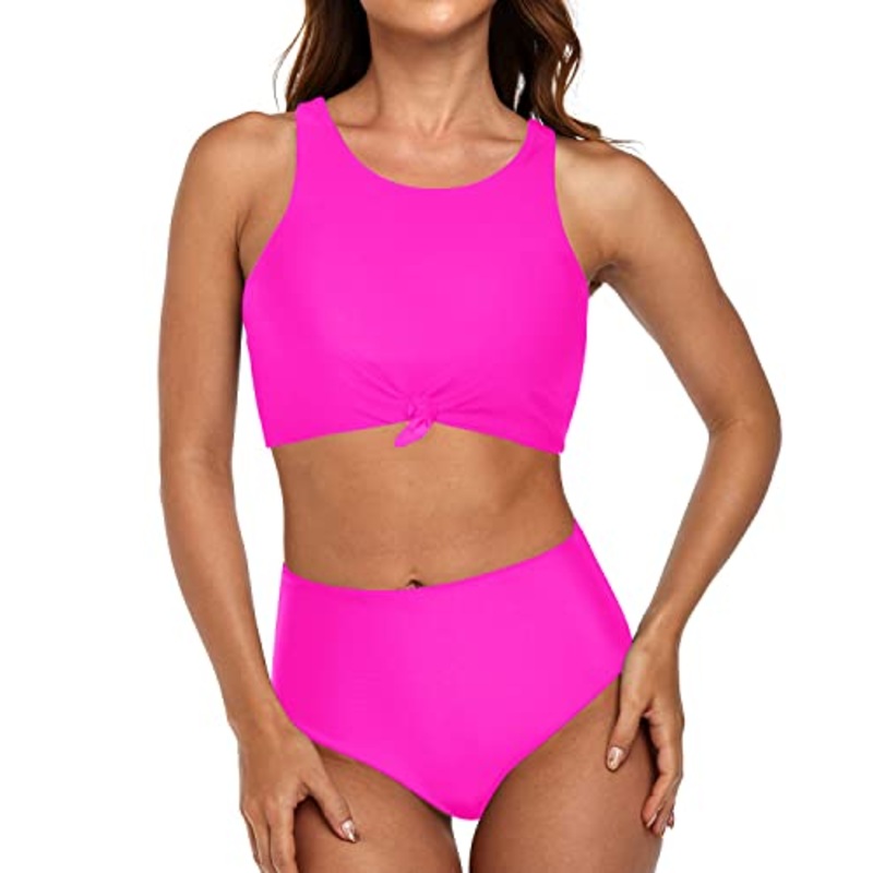 Vintage High Waisted Bikini Set Sporty Two Piece Swimsuits-Neon Pink
