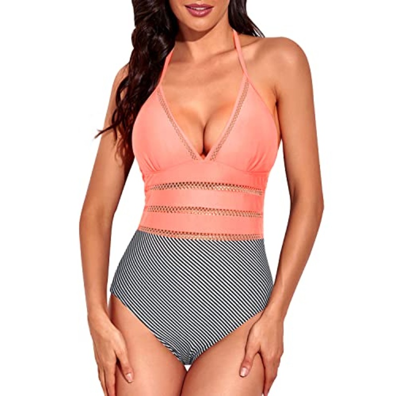 Vintage Removable Soft Bra Padded Tie Knot Back Bathing Suit-Coral Pink Stripe