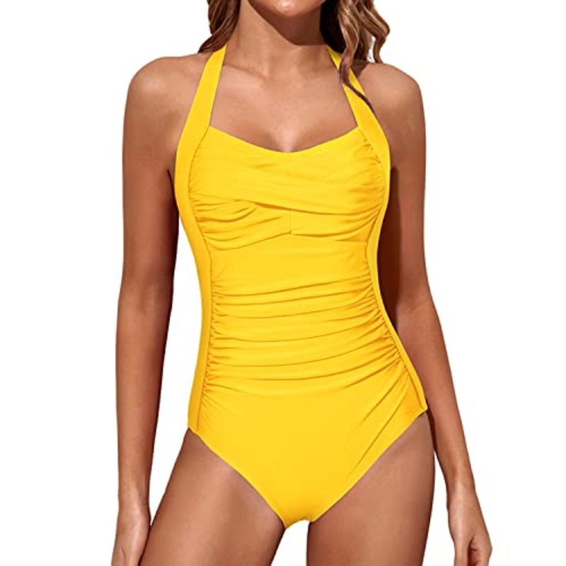 Wireless Molded Cup Bra Halter Vintage Swimwear-Neon Yellow