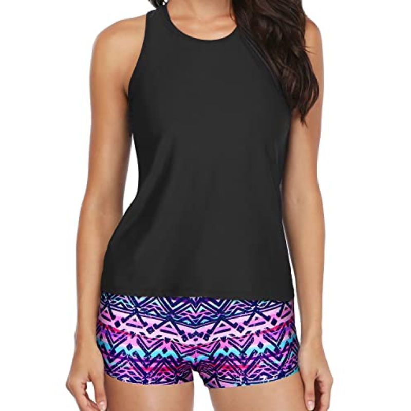 Women's Backless Tankini Athletic 3 Piece Swimsuits-Black And Tribal Purple