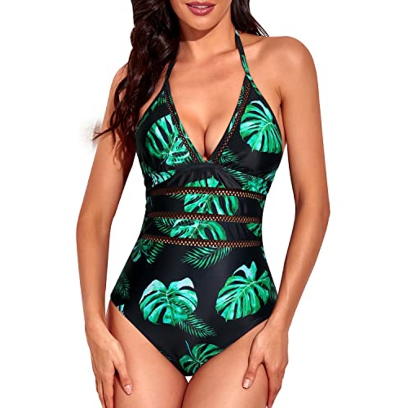 Women's Sexy Crochet Halter Plunge V Neck One Piece Swimsuits-Black And Green Leaf