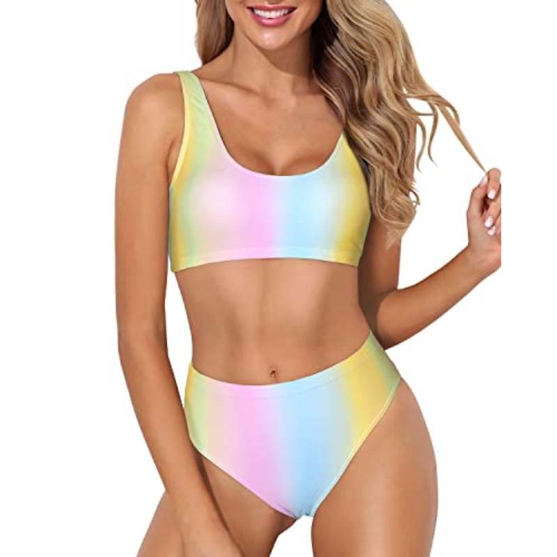 Women's Sexy High Waisted Bikini Crop Top High Cut Swimsuit-Color Stripes