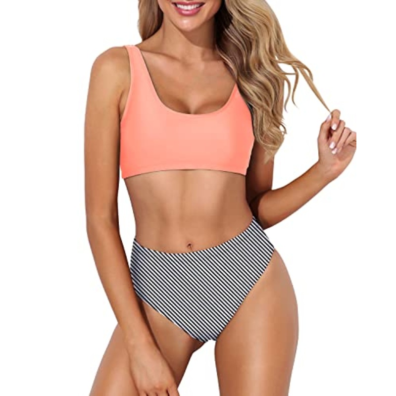 Women's Sporty Bathing Suit Crop Top High Cut Swimsuit-Coral Pink Stripe