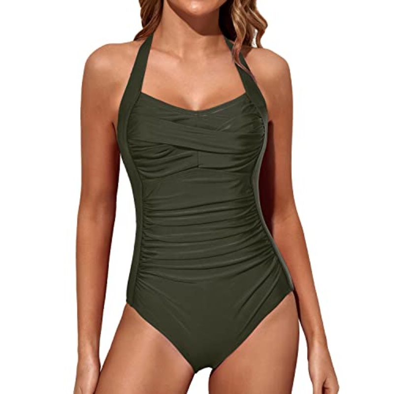 Women Tummy Control Slimming One Piece Swimwear-Army Green