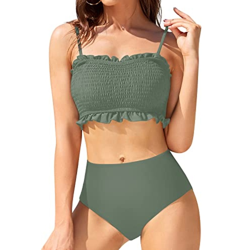 Women Two Piece Bandeau Bikini Smocked 2 Piece Swimsuit-Army Green