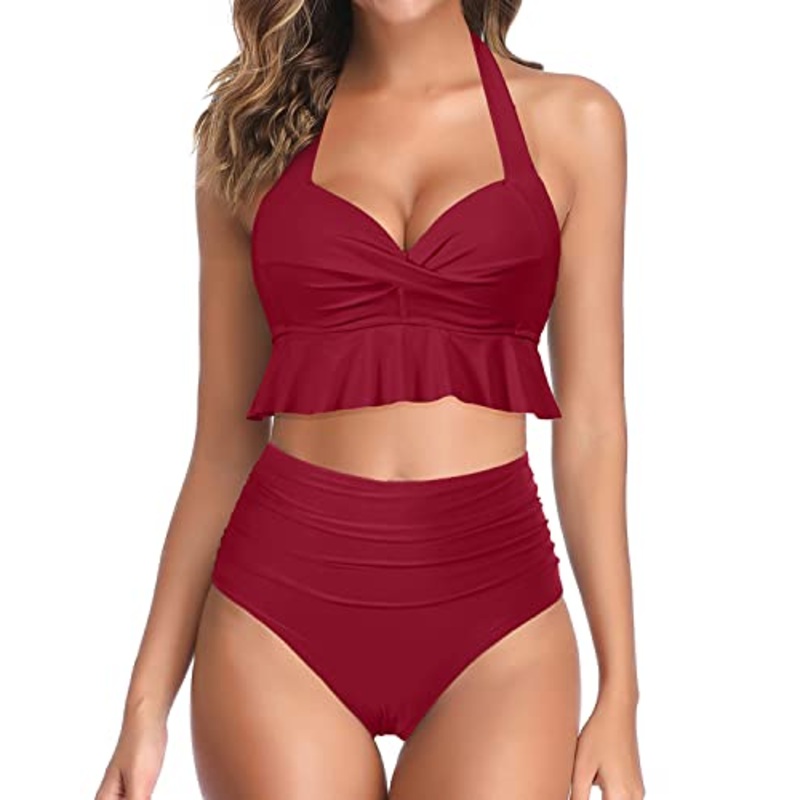 2 Piece Push Up Ruffle Bikini Womens Tummy Control Swimsuits-Red