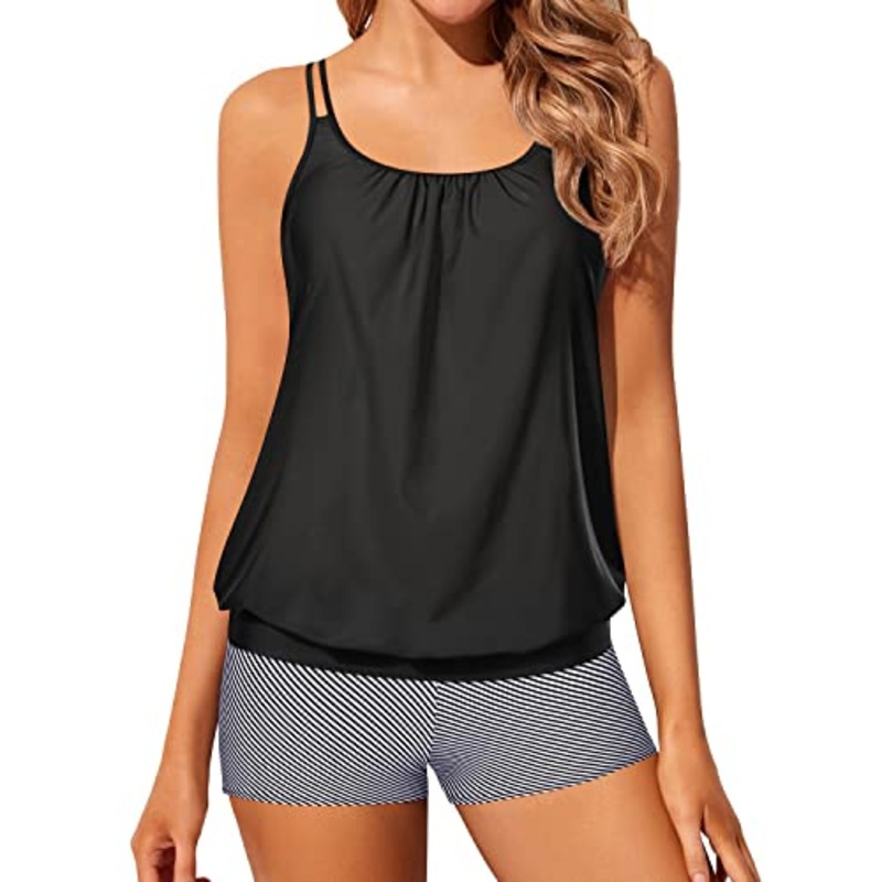 2 Piece Ruched Scoop Neck Design Blouson Tankini Swimsuits-Black Stripe