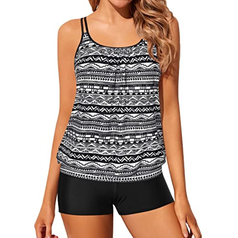 2 Piece Women Loose Blouson Tankini Tops Bathing Suits-Black Tribal