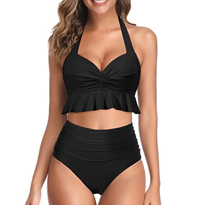 Adjustable Halter Neck Two Piece Swimsuits-Black