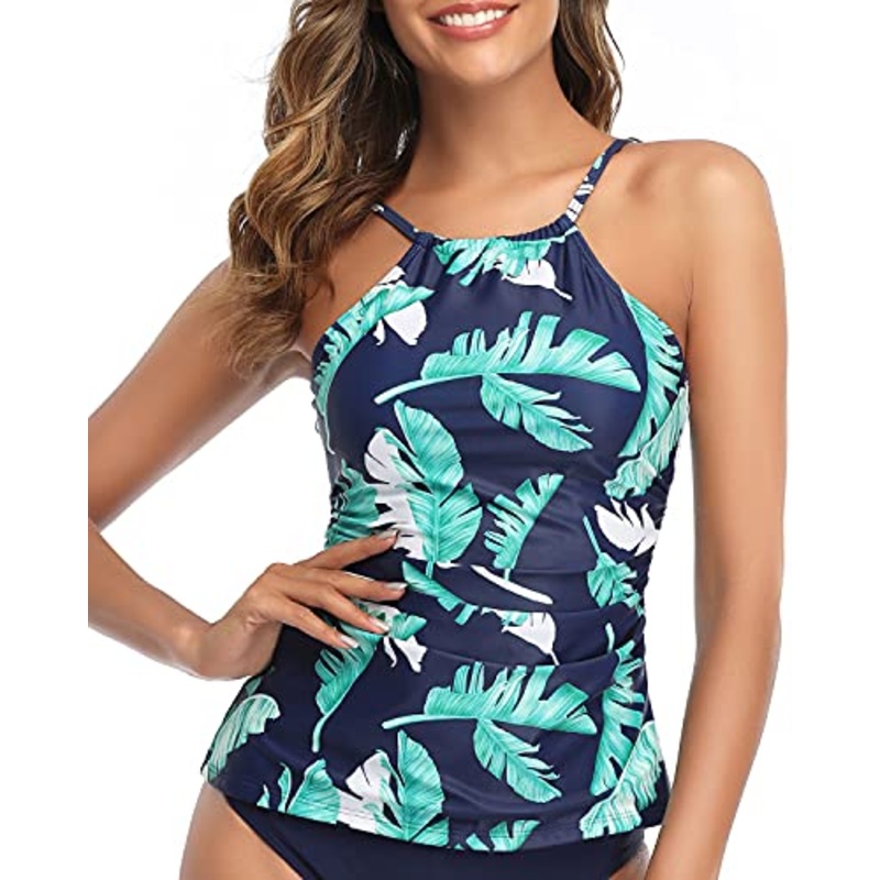 Adjustable Neck High Neck Tankini Tops For Women's Swimwear-Blue Leaf