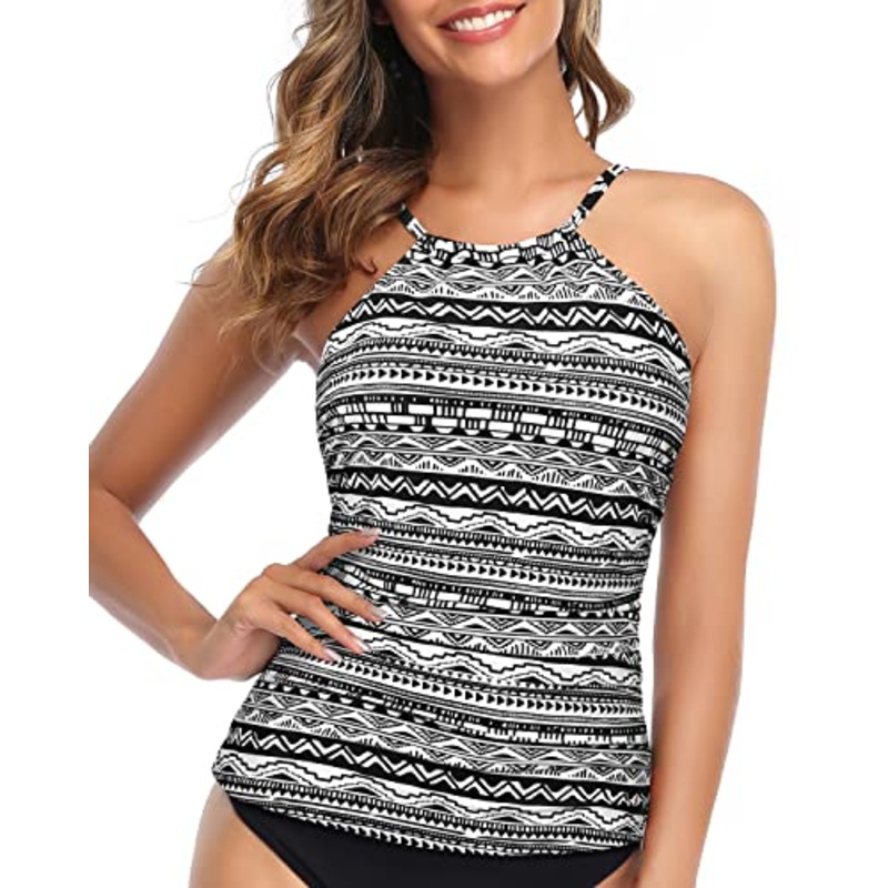 Adjustable Neck Tunnel Straps Women Tankini Top Only-Black And White Stripe