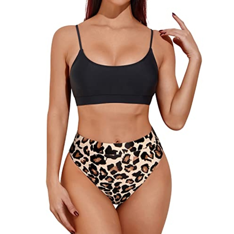 Adjustable Spaghetti Strap Two Piece High Waisted Bikini-Black And Leopard