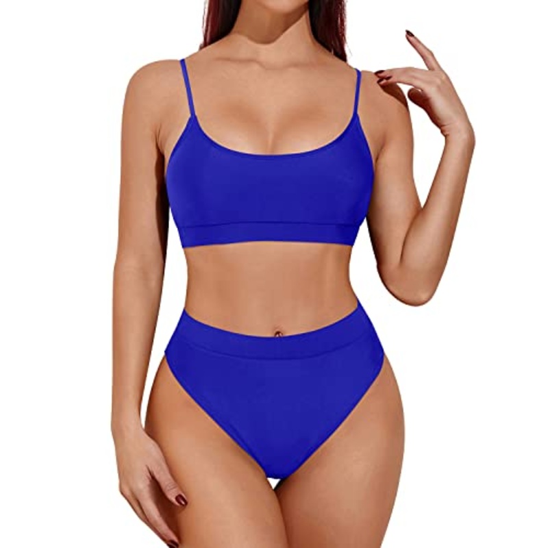 Adjustable Spaghetti Straps High Waisted Bikini Sporty Scoop Neck Swimsuits-Royal Blue