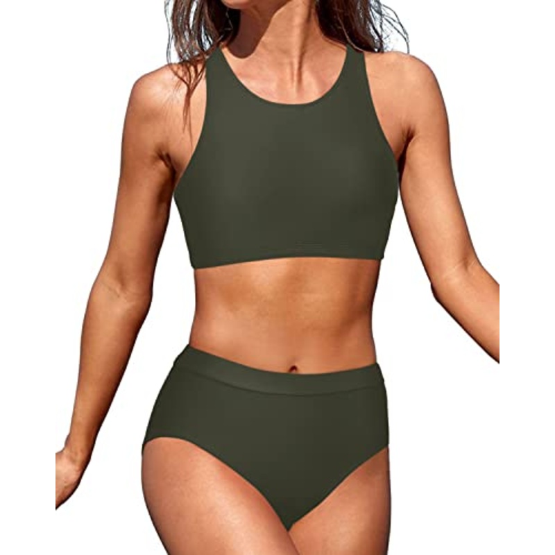 Adjustable Strap Crop Top Swimsuit 2 Piece Bathing Suits For Teen Girls-Army Green