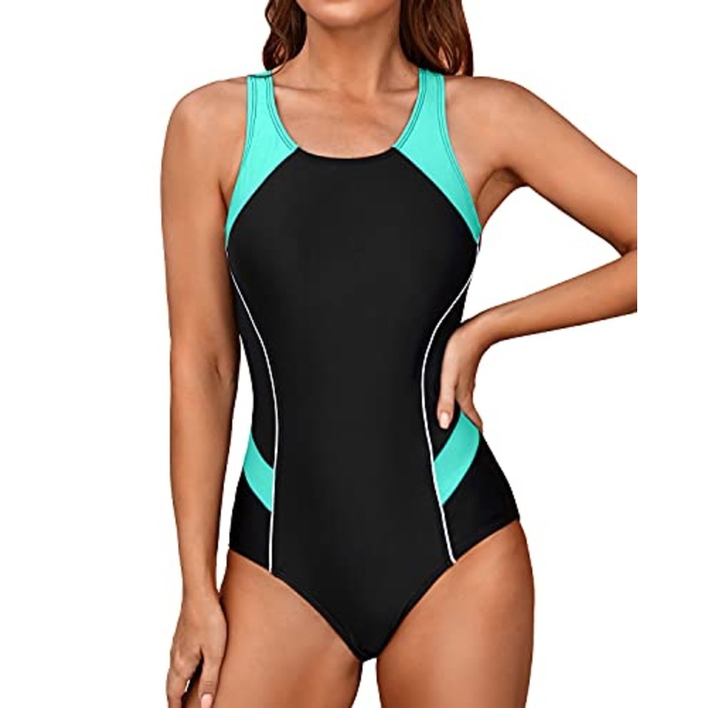 Athletic Racerback Women One Piece Swimsuits-Black And Aqua