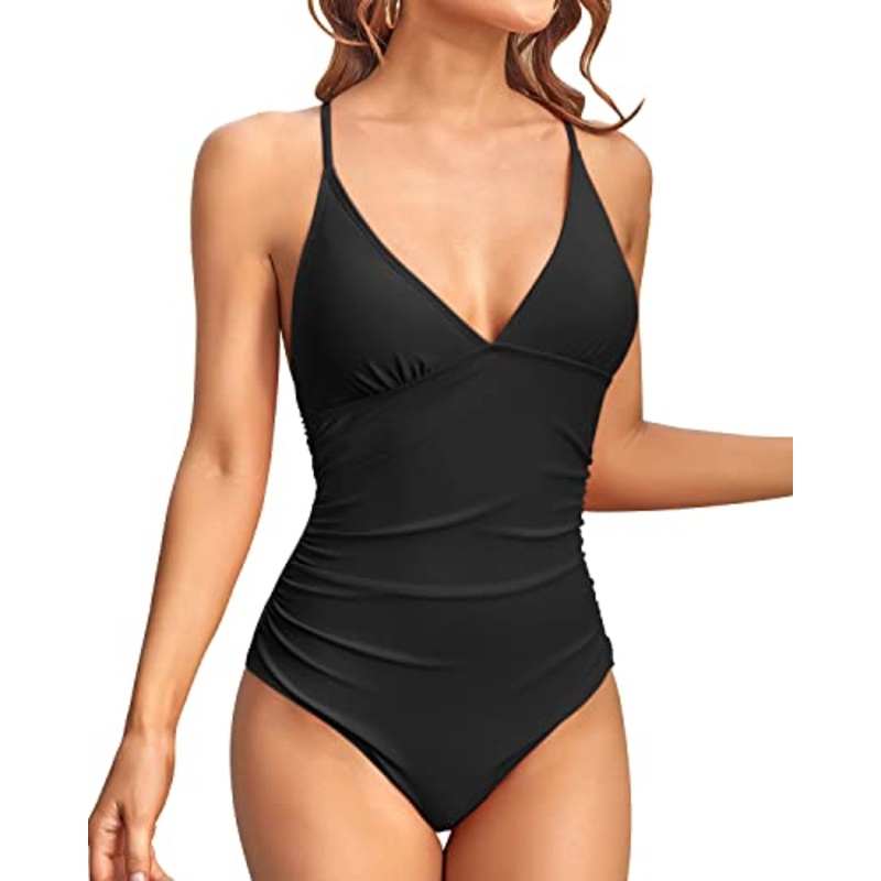Bathing Suits Tummy Control V Neck One Piece Swimsuits-Black