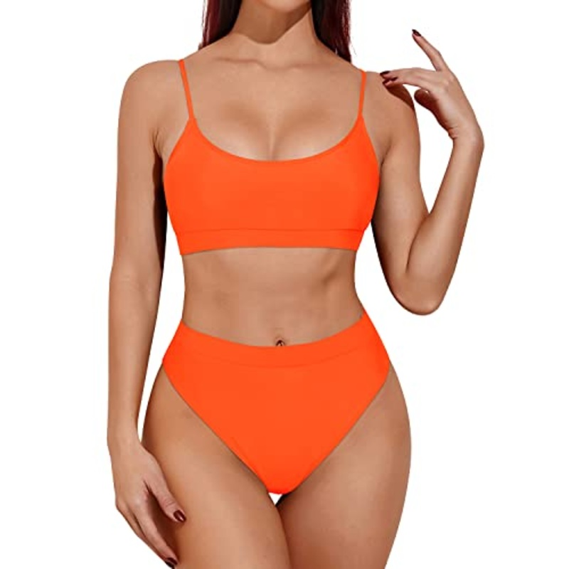 Cheeky High Cut Swimsuits High Waisted Bikini Sporty Scoop Neck Swimsuits-Neon Orange