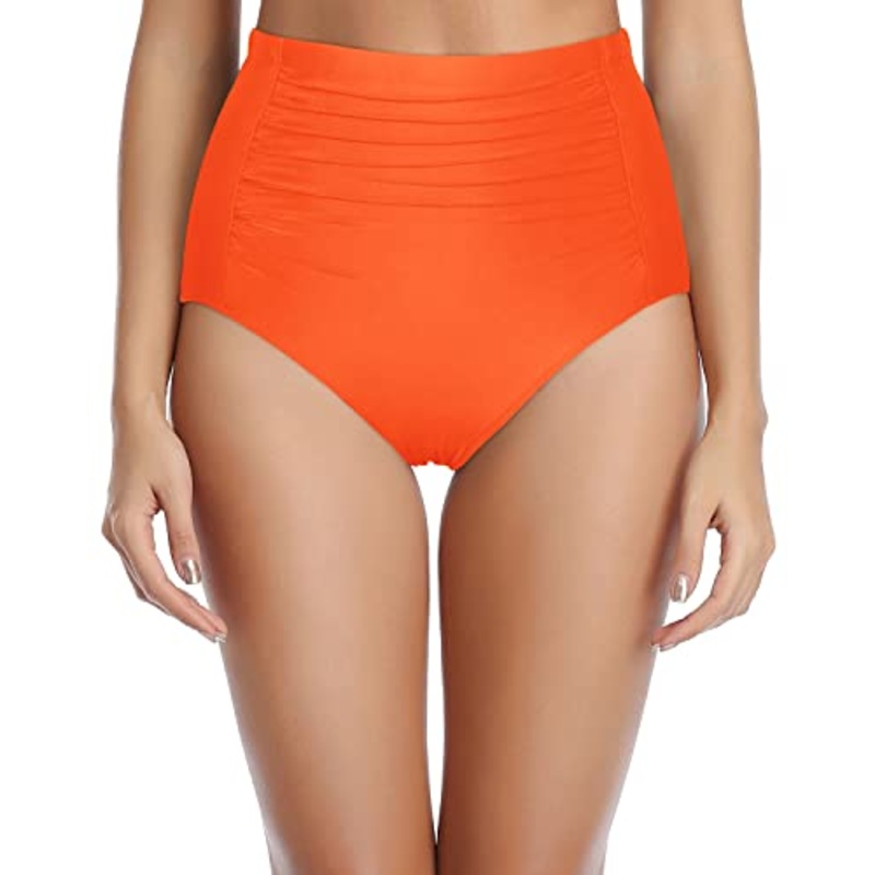 Chic High Waisted Swimsuit Bottoms Ruched Bathing Suit Bottom-Neon Orange