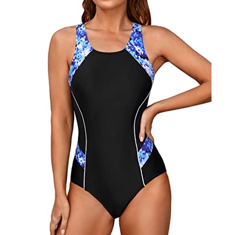 Color Block Athletic Sports One Piece Swimsuit-Black And Geometry