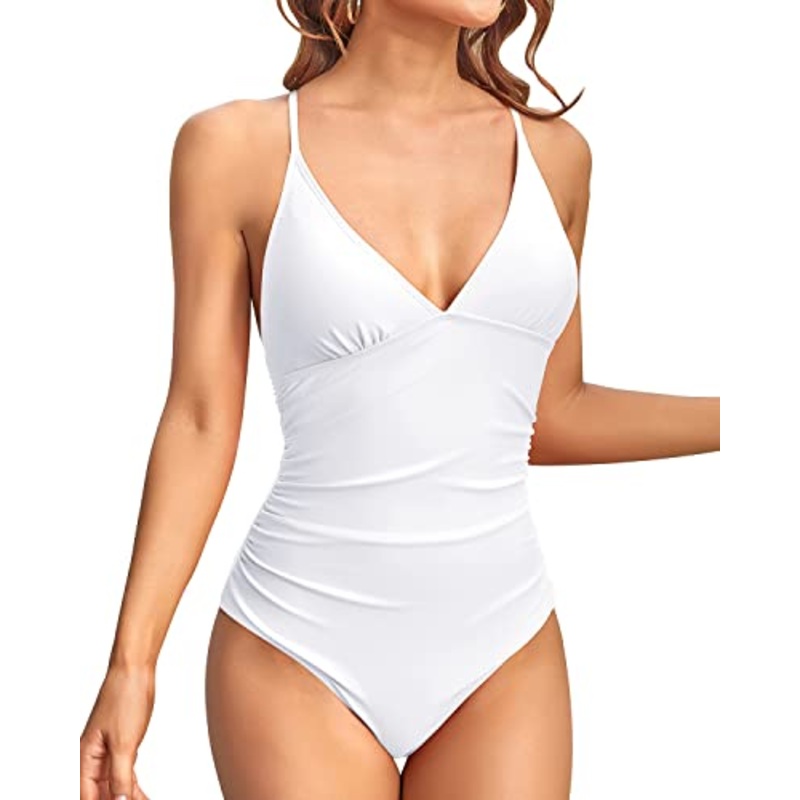 Cross-Back Design Swimsuits Ruched Design For Women-White
