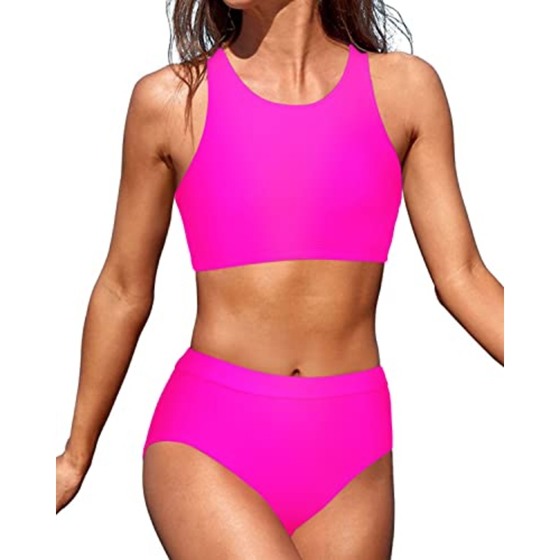 Cutout Back High Neck Bikini 2 Piece Bathing Suits For Teen Girls-Neon Pink