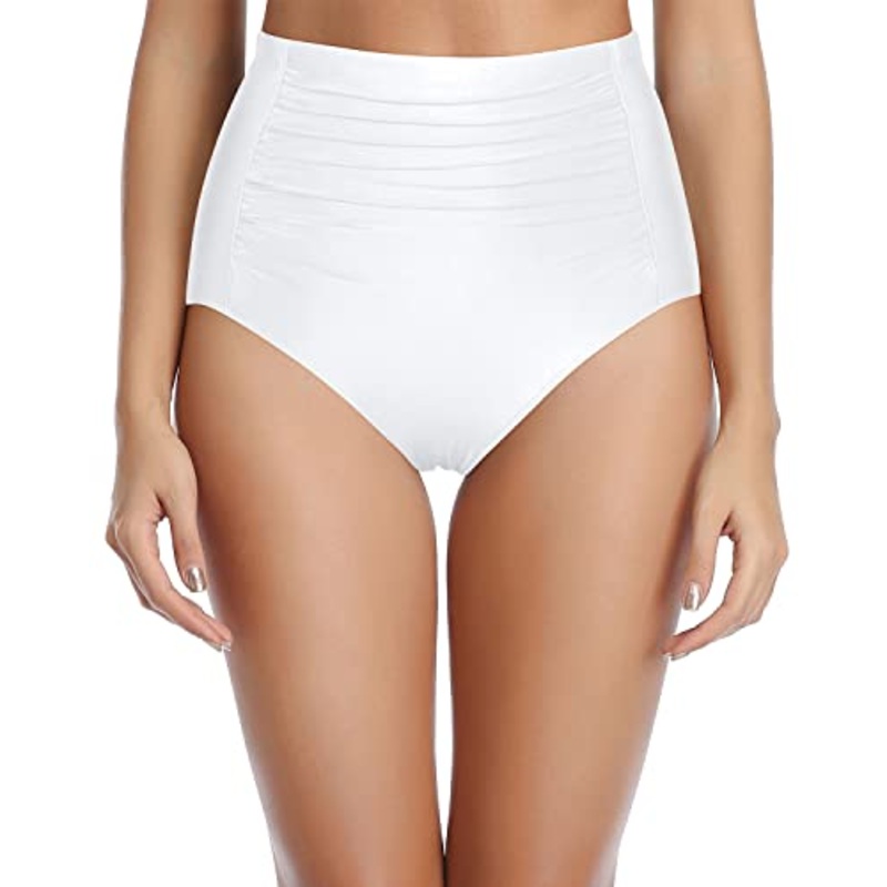 Flattering Ruched Pattern Bikini Bottom Ruched Bathing Suit Bottom-White
