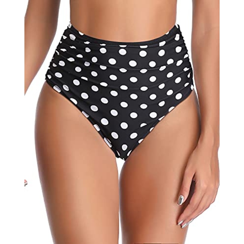 Full Coverage Retro Swim Bottoms Tummy Control For Women-Black Dot