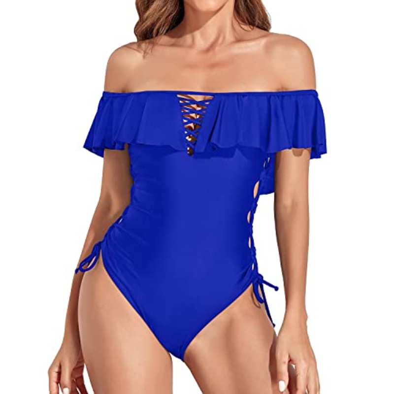 Hawaiian Style Off Shoulder Ruffled Flounce One Piece Swimsuit-Royal Blue