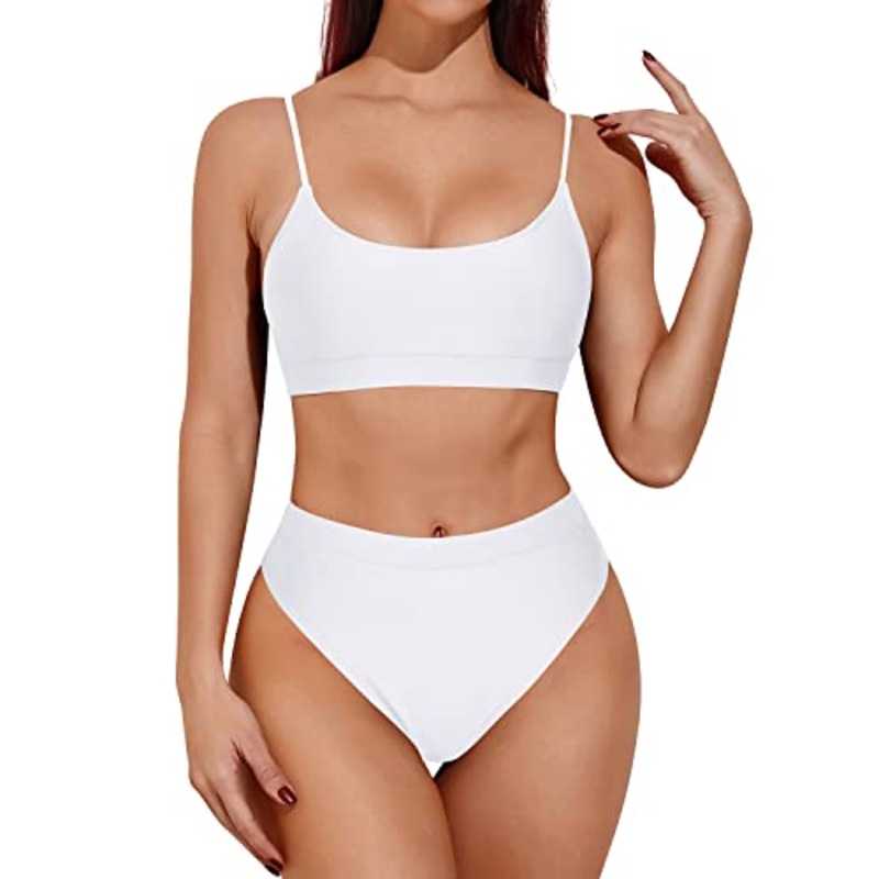 High Cut Bathing Suit High Waisted Bikini Sporty Scoop Neck Swimsuits-White