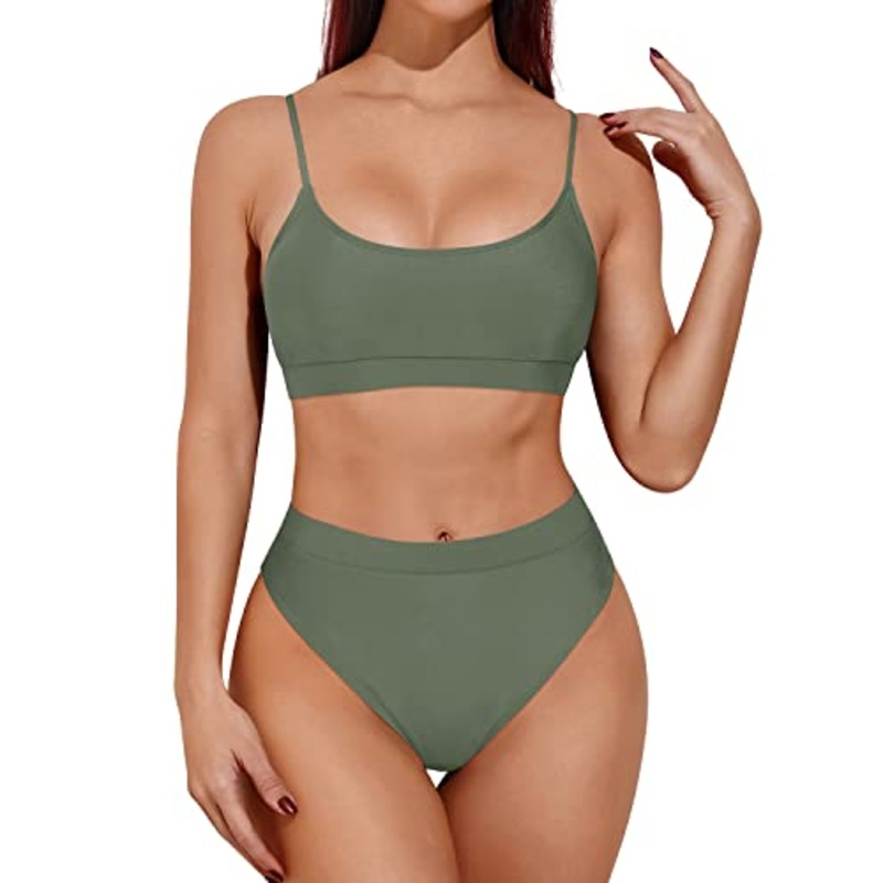 High Cut Cheeky Two Piece High Waisted Bikini-Army Green