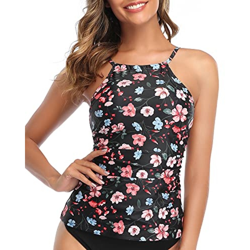 High Neck Bathing Suit Top Tummy Control Women Tankini Top Only-Black Floral