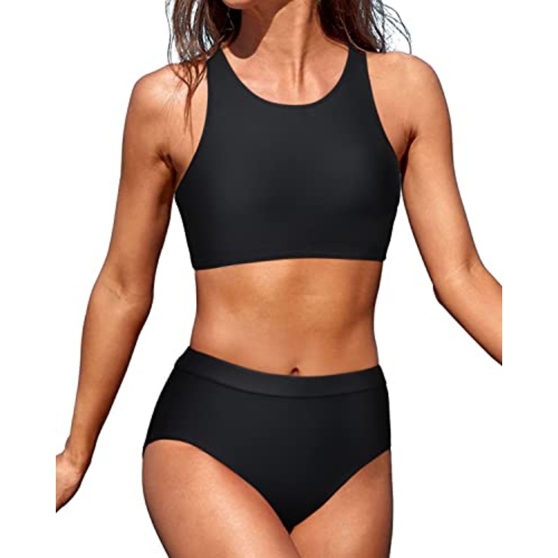 High Neck Crop Top Bikini Set 2 Piece Bathing Suits For Teen Girls-Black