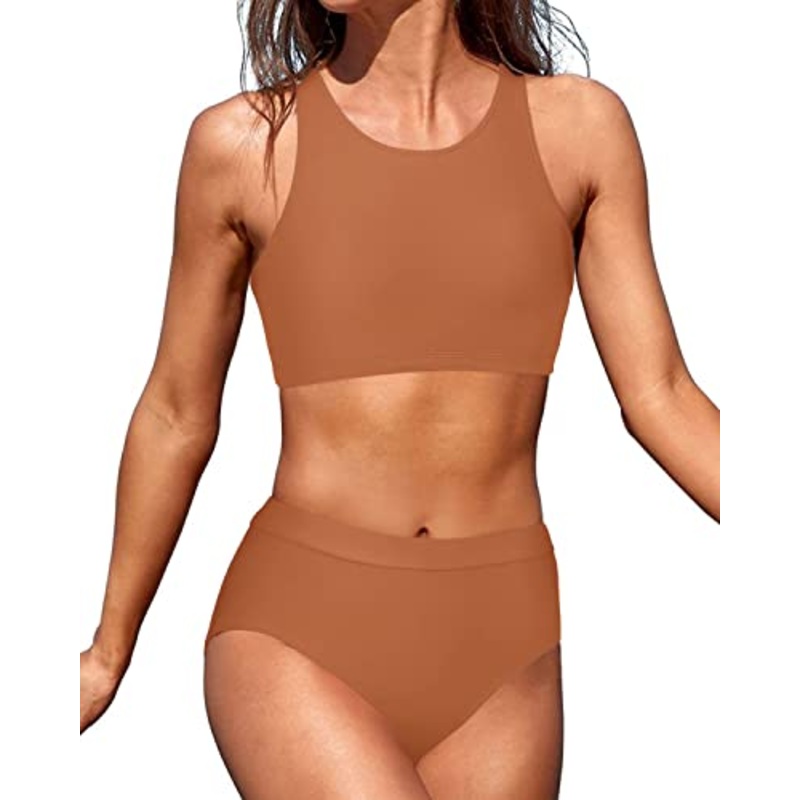 High Neck Sporty Bikini Set 2 Piece Bathing Suits For Teen Girls-Brown