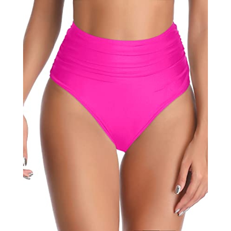 High Waisted Bikini Bottom Full Coverage And Tummy Control-Neon Pink