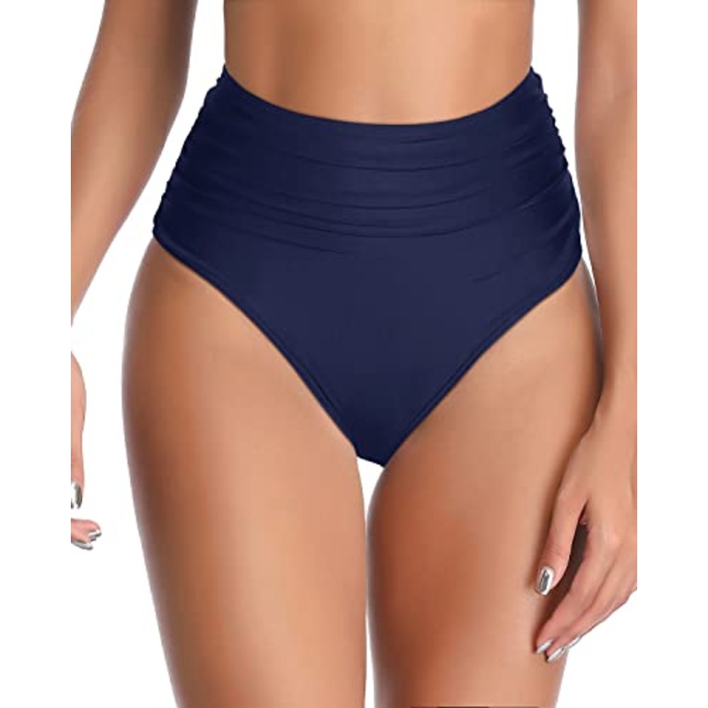 High Waisted Bikini Bottom Full Coverage Retro Tummy Control Swimusuit Bottom For Women-Navy Blue