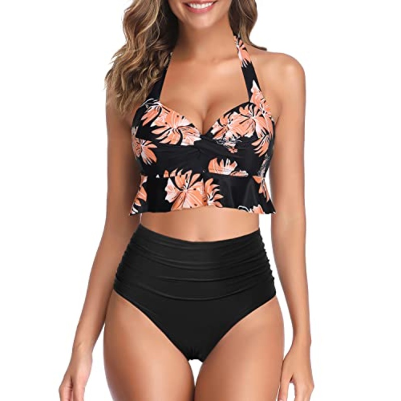 High Waisted Bikini Push Up Ruffle Two Piece Swimsuits-Black Orange Floral